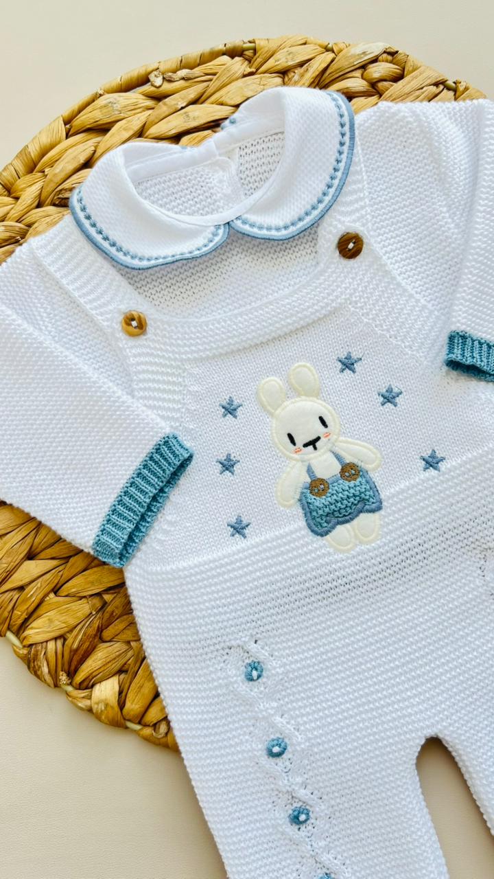 SET MARA TEJIDO PREMIUM - BORDADO CONEJITO - COLOR BLANCO
