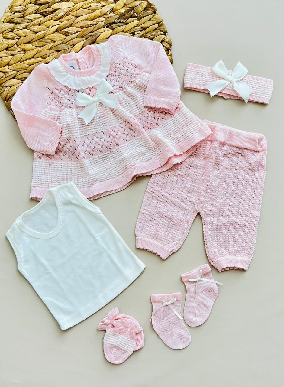 SET DE LUJO PARA BEBÉ – 5 PIEZAS - DISEÑO CLÁSICO CON ENCAJE Y LAZOS