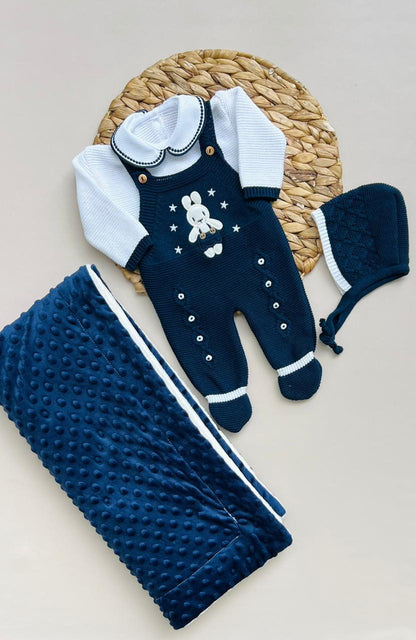 SET MARA TEJIDO PREMIUM - COBIJA PELUCHE PREMIUM - COLOR AZUL