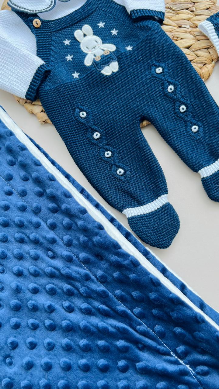 SET MARA TEJIDO PREMIUM - COBIJA PELUCHE PREMIUM - COLOR AZUL