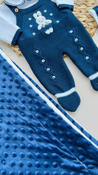 SET MARA TEJIDO PREMIUM - COBIJA PELUCHE PREMIUM - COLOR AZUL