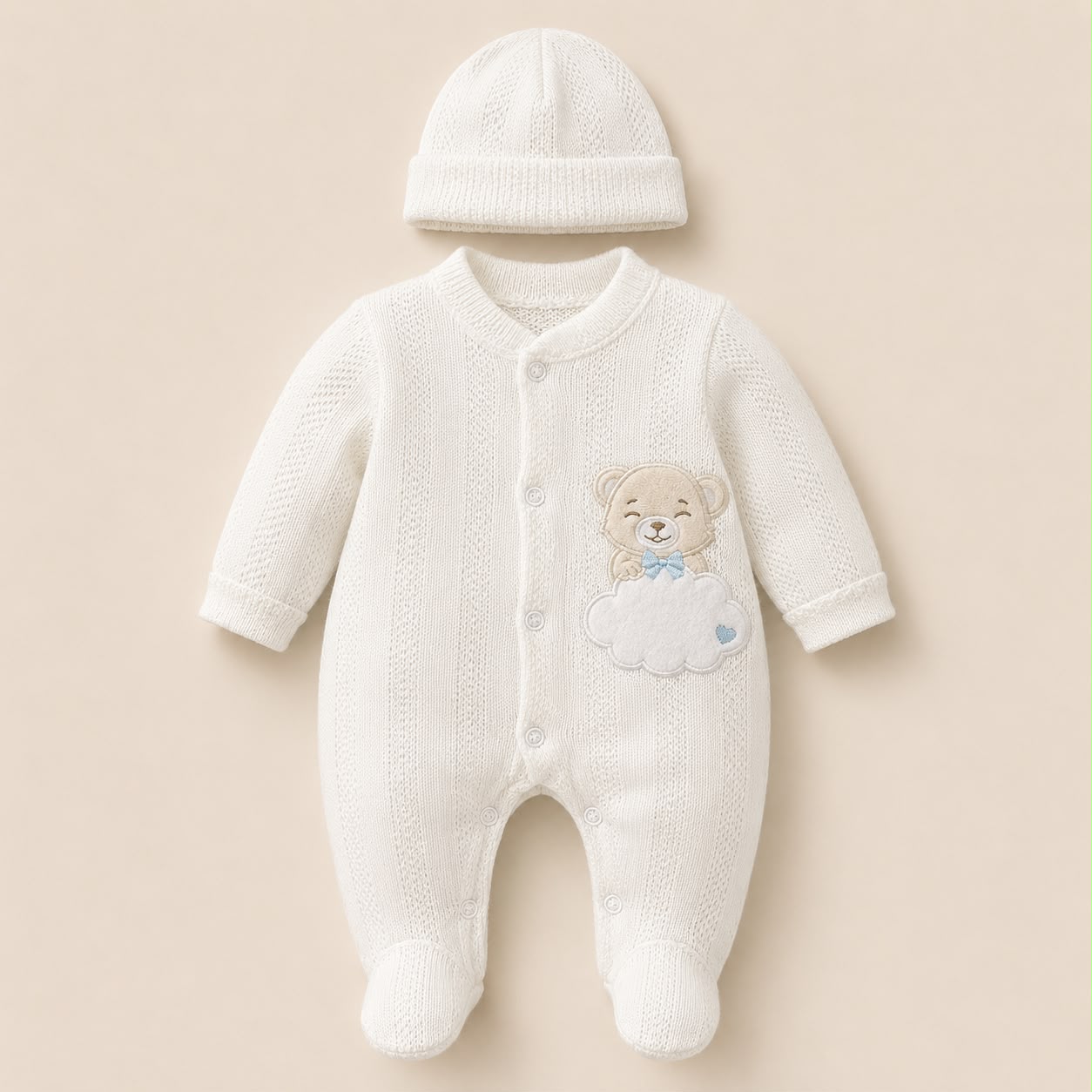 ⚪Enterizo Pijama Bebé Osito Nube con Gorrito – Set 2 Piezas