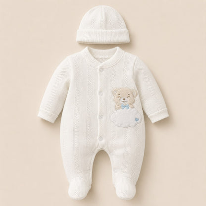 ⚪Enterizo Pijama Bebé Osito Nube con Gorrito – Set 2 Piezas
