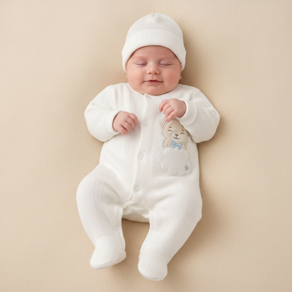 ⚪Enterizo Pijama Bebé Osito Nube con Gorrito – Set 2 Piezas