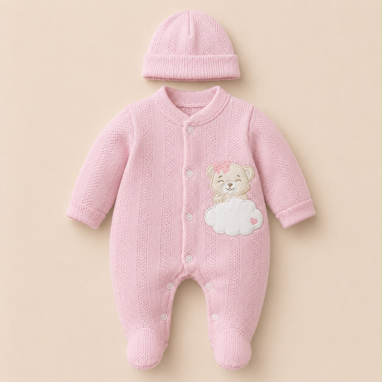 ⚪Enterizo Pijama Bebé Niña Osito Nube Rosa con Gorrito – Set 2 Piezas
