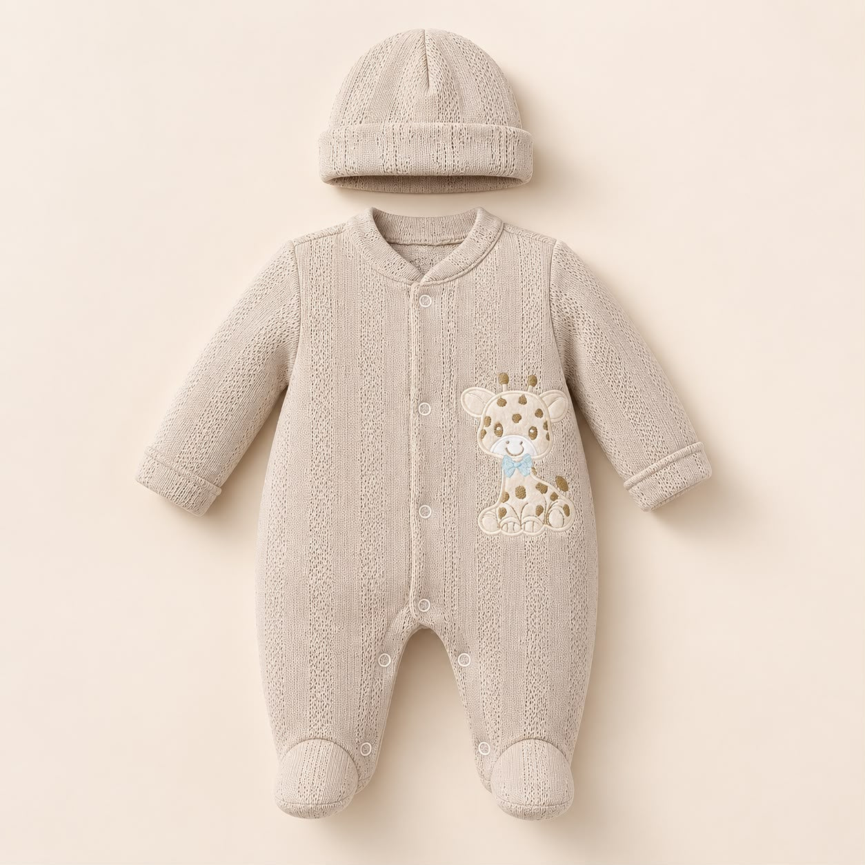 ⚪Enterizo Pijama Bebé Jirafita Beige con Gorrito – Set 2 Piezas