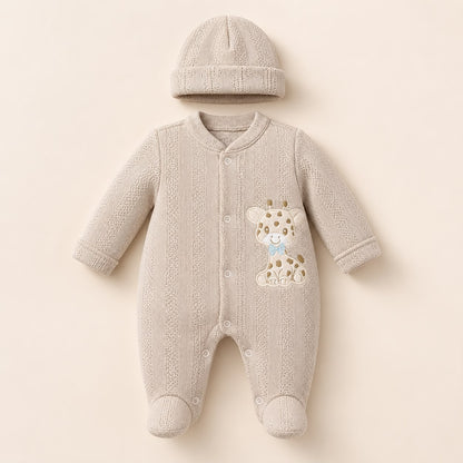 ⚪Enterizo Pijama Bebé Jirafita Beige con Gorrito – Set 2 Piezas