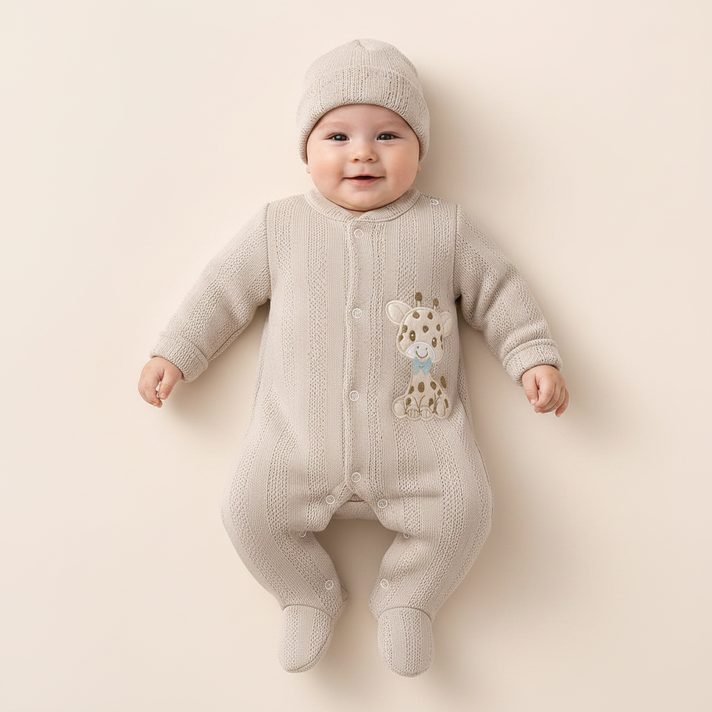 ⚪Enterizo Pijama Bebé Jirafita Beige con Gorrito – Set 2 Piezas