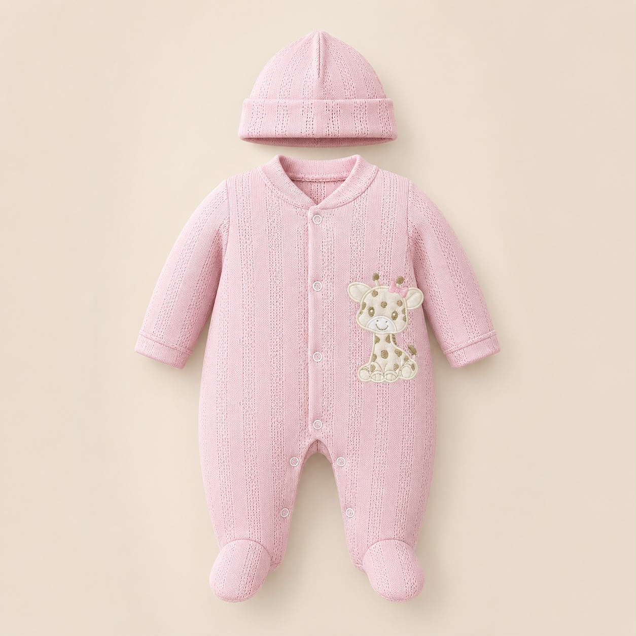 ⚪Enterizo Pijama Bebé Niña Jirafita Rosa con Gorrito – Set 2 Piezas