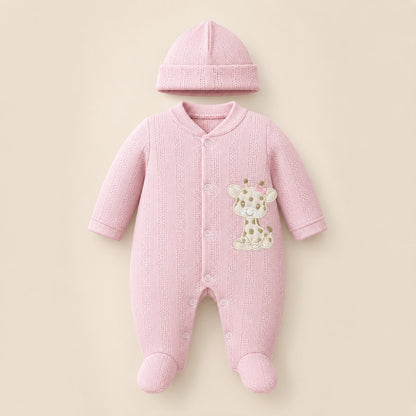 ⚪Enterizo Pijama Bebé Niña Jirafita Rosa con Gorrito – Set 2 Piezas