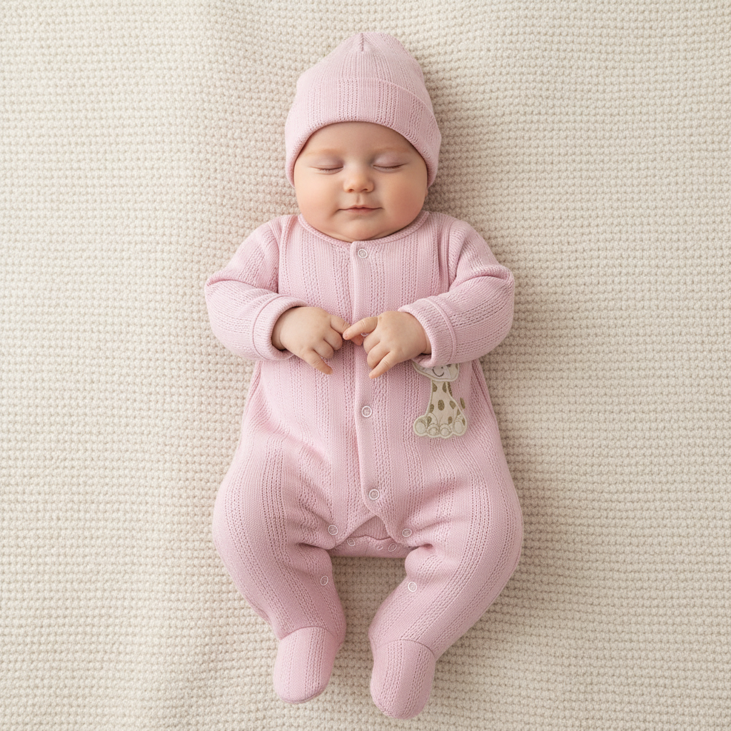 ⚪Enterizo Pijama Bebé Niña Jirafita Rosa con Gorrito – Set 2 Piezas