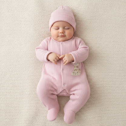 ⚪Enterizo Pijama Bebé Niña Jirafita Rosa con Gorrito – Set 2 Piezas