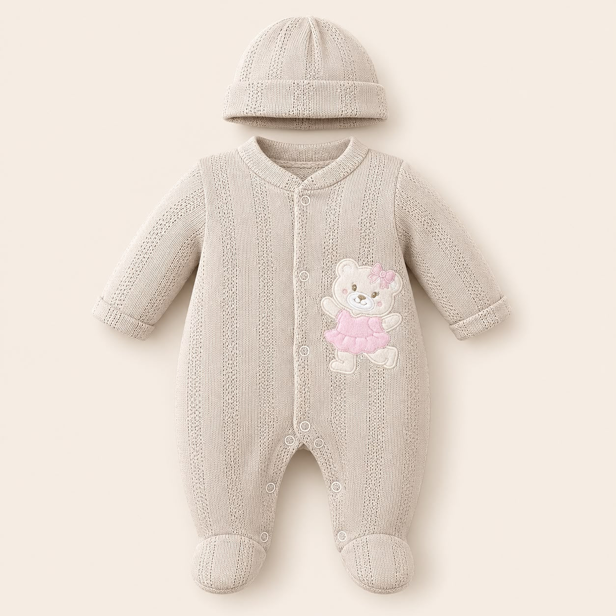 ⚪Enterizo Pijama Bebé Niña Osita Bailarina Beige con Gorrito – Set 2 Piezas