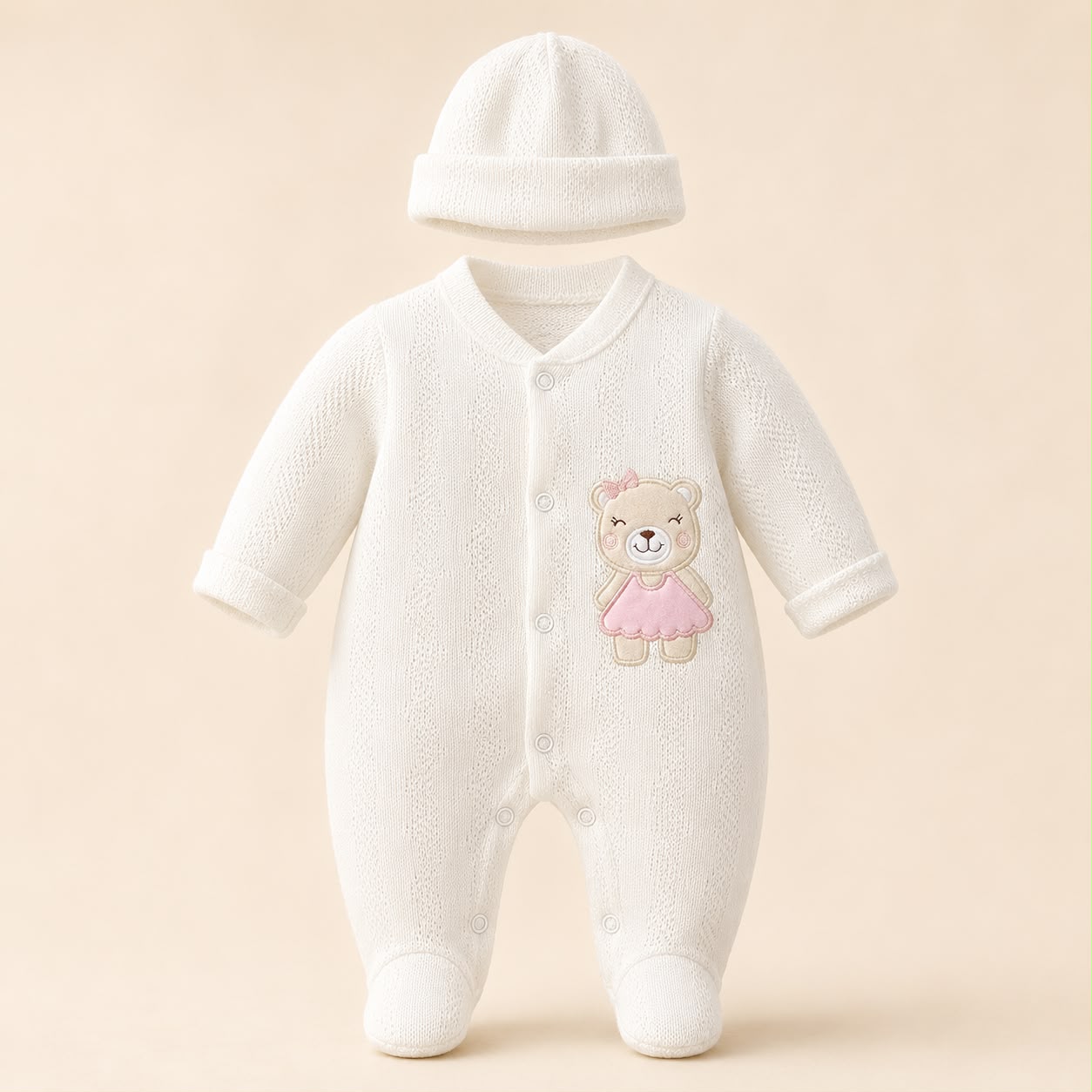 ⚪Enterizo Pijama Bebé Niña Osita Bailarina Blanco con Gorrito – Set 2 Piezas