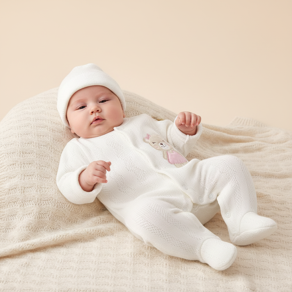 ⚪Enterizo Pijama Bebé Niña Osita Bailarina Blanco con Gorrito – Set 2 Piezas
