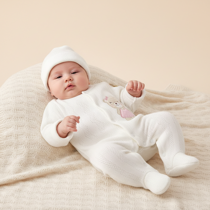 ⚪Enterizo Pijama Bebé Niña Osita Bailarina Blanco con Gorrito – Set 2 Piezas