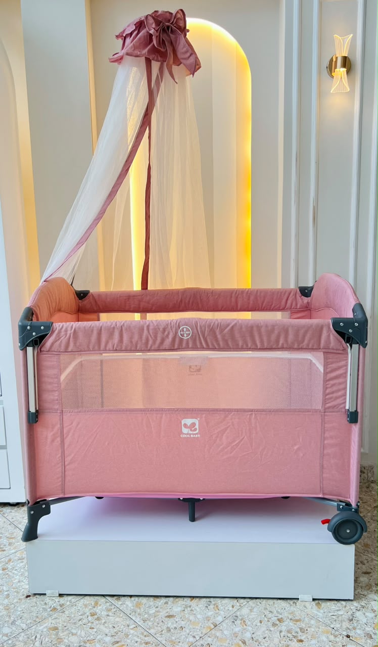 Cuna de Viaje Multifuncional Cool Baby Rosado – Toldo, Móvil y Cambiador Incluidos