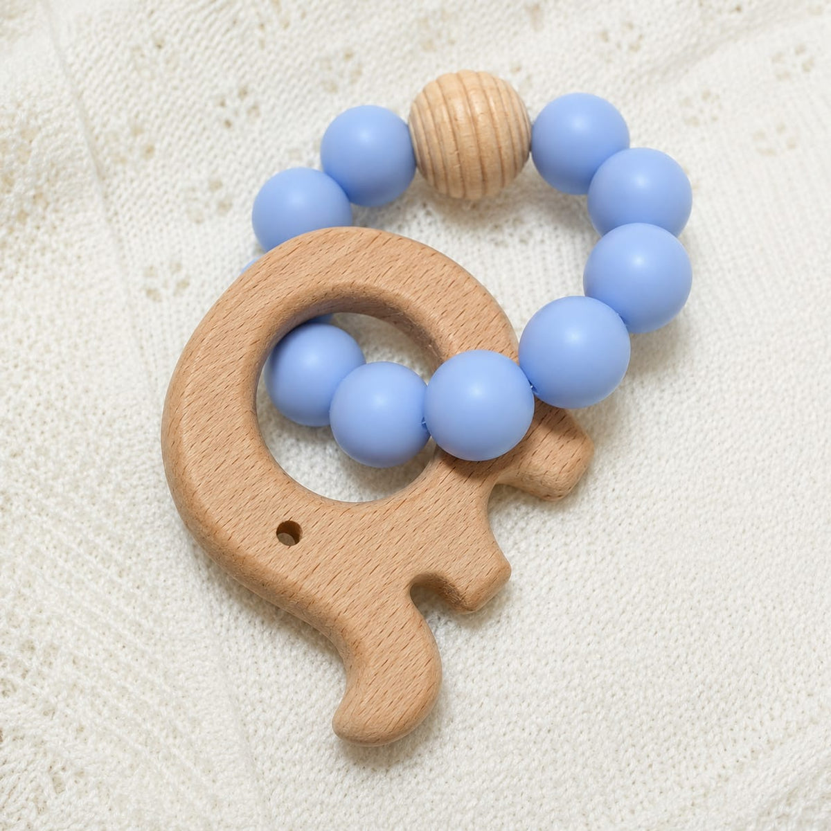Mordedor Pulsera Elefante Madera y Silicona Azul para Bebé