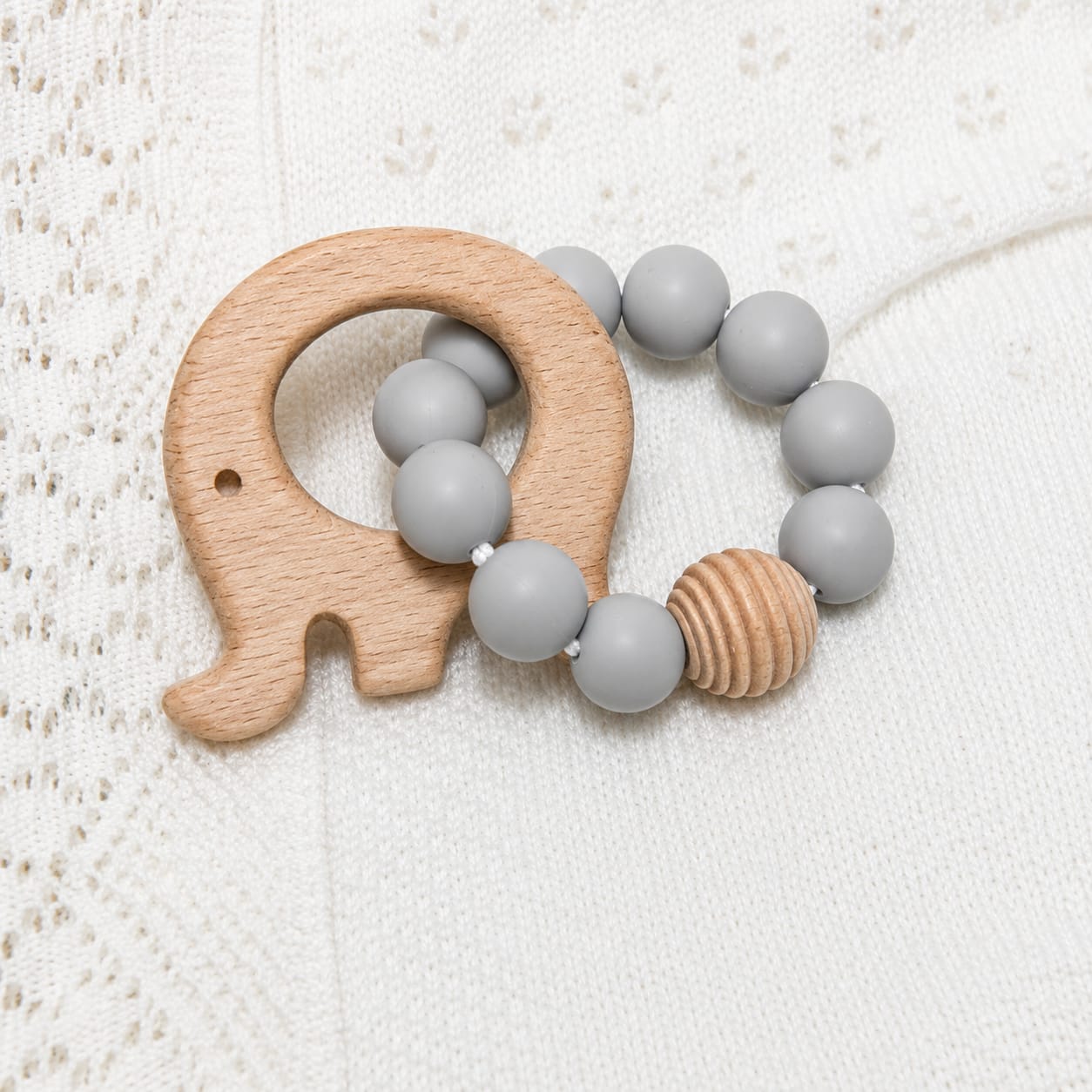 Mordedor Pulsera Elefante Madera y Silicona Gris para Bebé