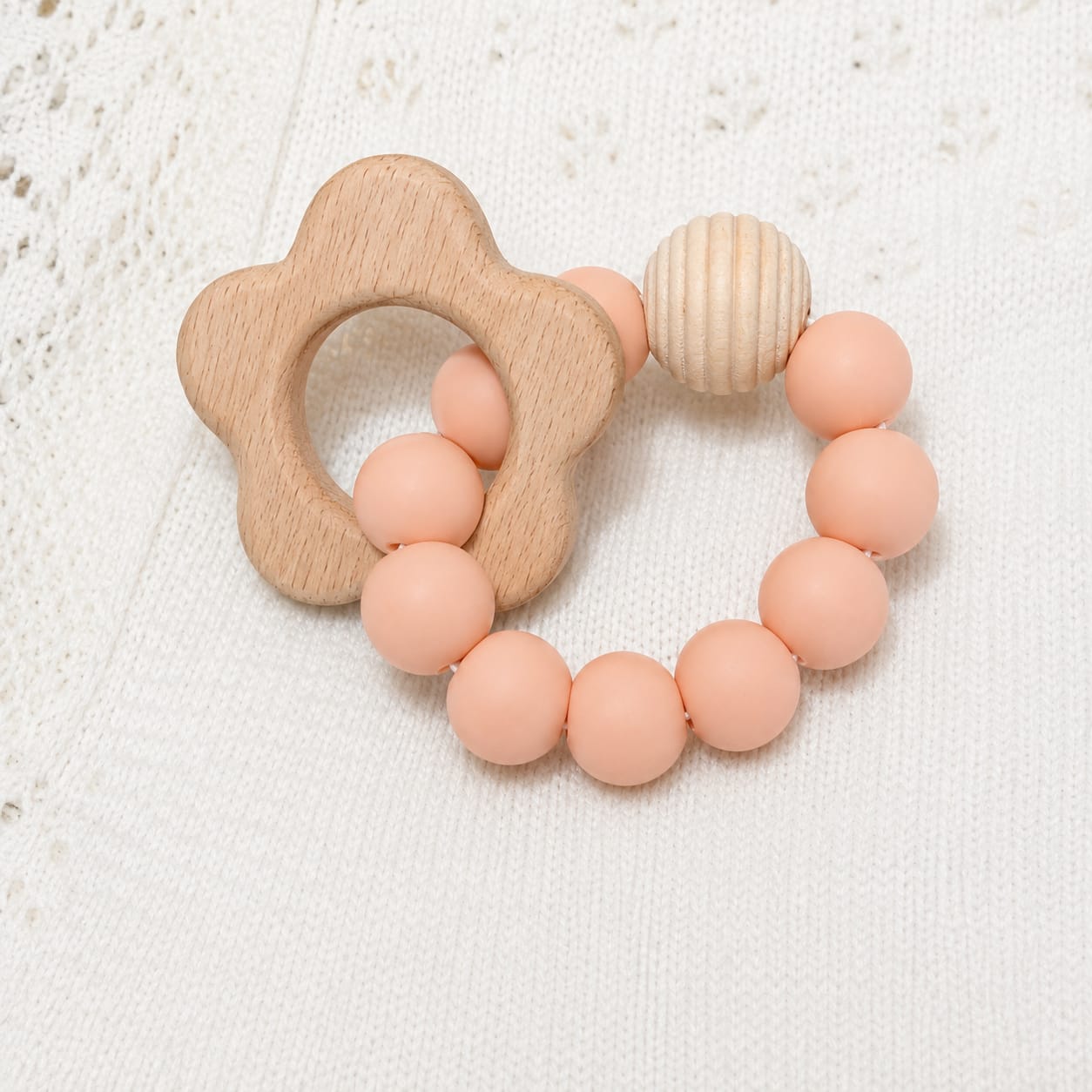 Mordedor Pulsera Flor Madera y Silicona Salmón para Bebé