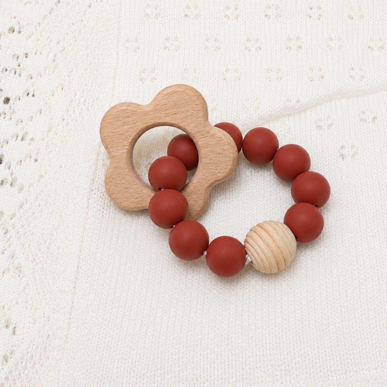 Mordedor Pulsera Flor Madera y Silicona Terracota para Bebé