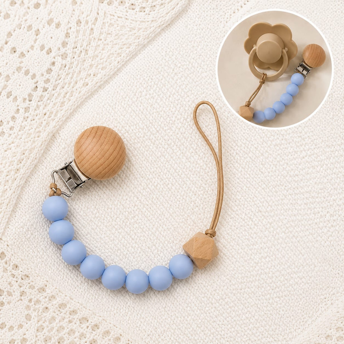 Clip Chupetero Silicona Azul y Madera de Haya para Bebé