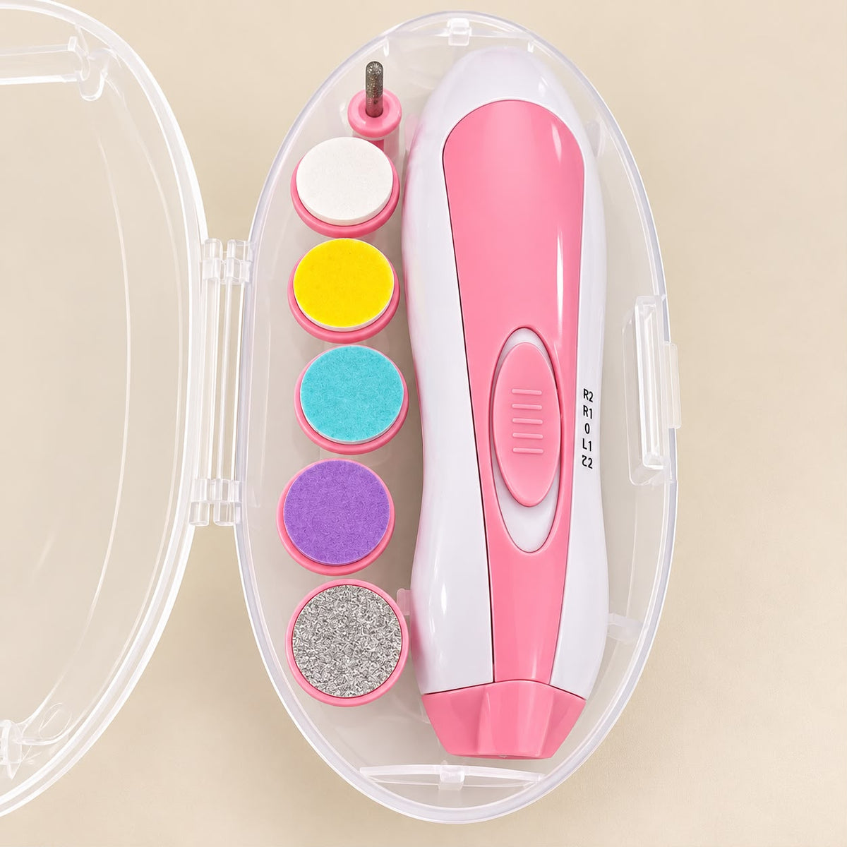 Lima eléctrica de uñas para bebé Kokibebe rosa con 6 cabezales y estuche