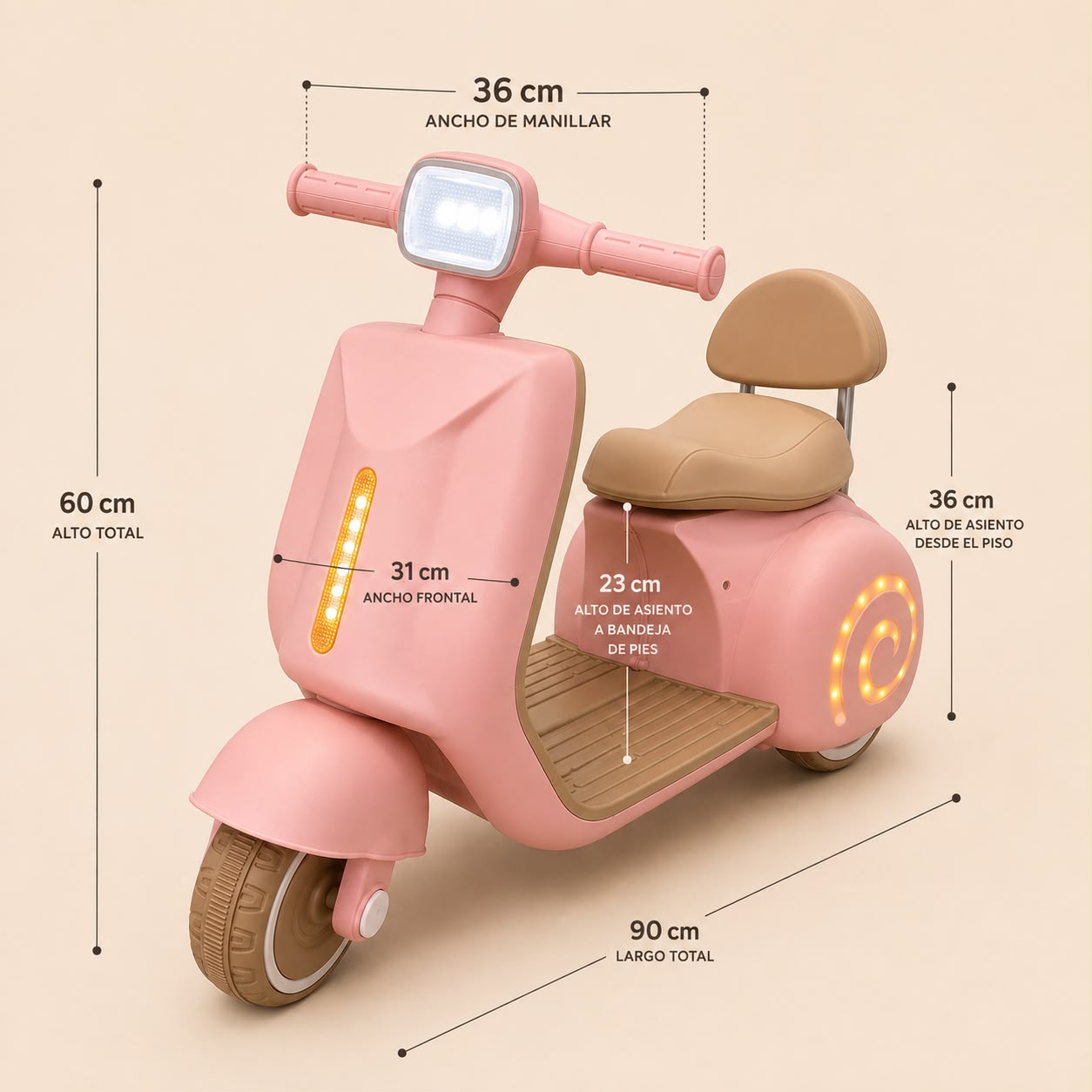 Moto scooter eléctrica niños rosa vista frontal – luz LED frontal y manillar 36 cm
