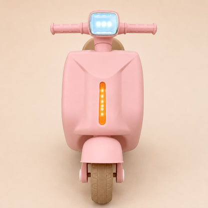 Moto scooter eléctrica niños rosa – detalle ruedas y estructura resistente