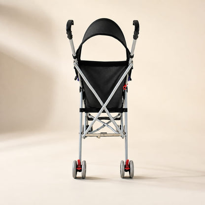 Coche paragüero Blum negro – vista lateral con capota solar desplegada