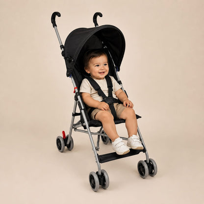 Coche paragüero Blum negro – vista trasera con estructura plegable