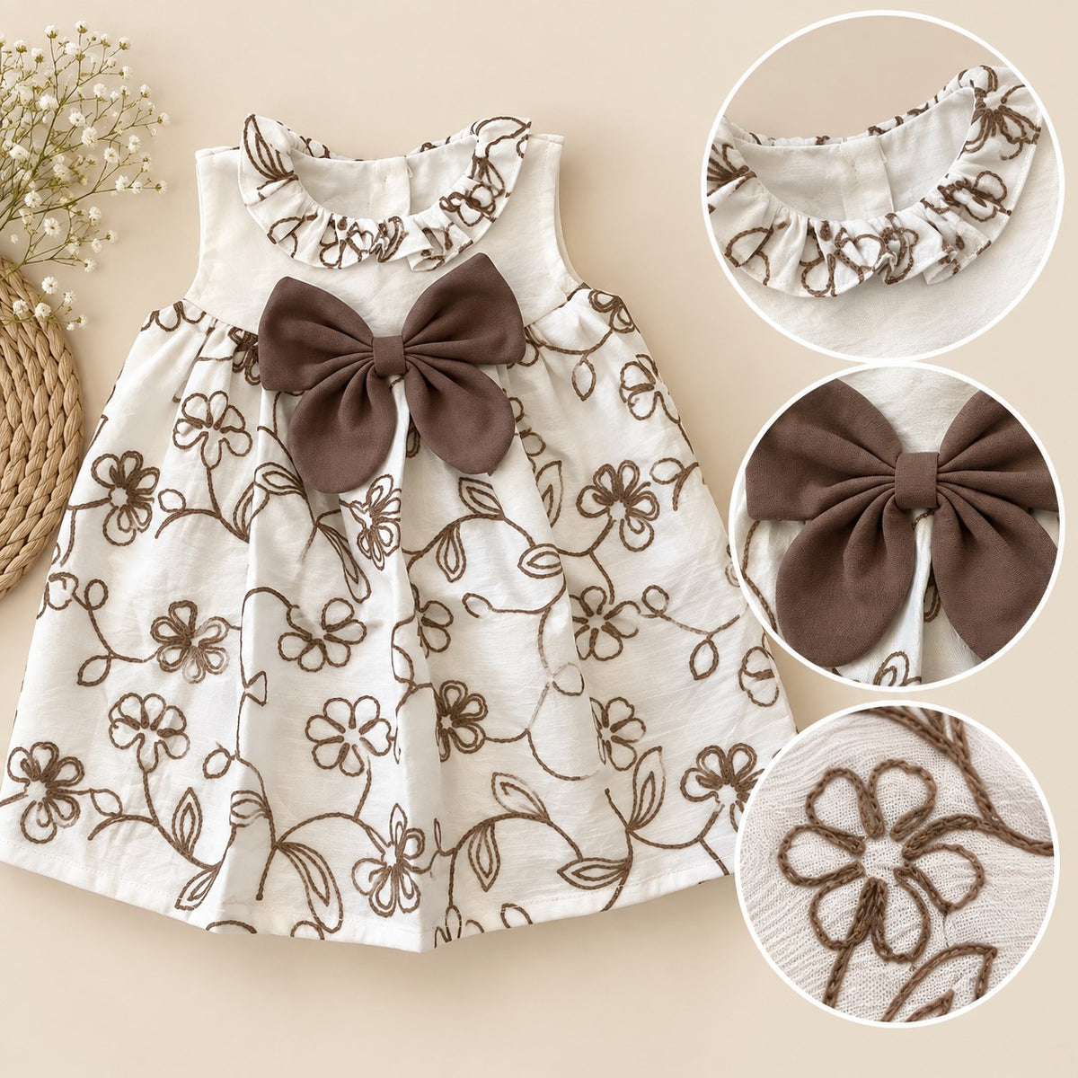 Detalle del cuello con volante, moño café y flores bordadas del vestido infantil