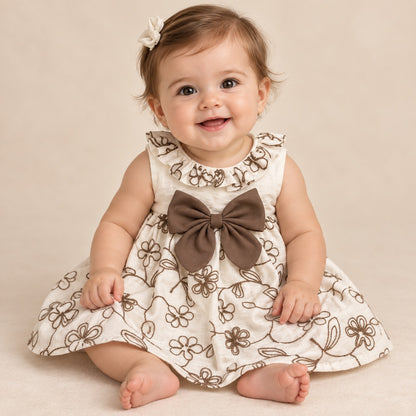 Vestido infantil marfil con estampado de flores café y moño frontal