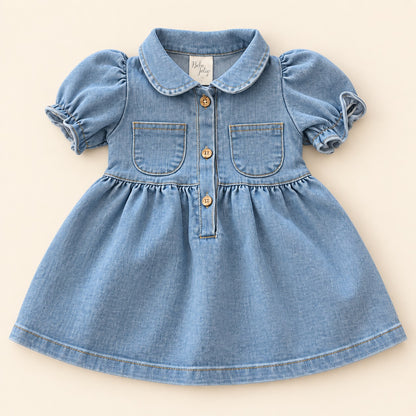 Detalle de vestido denim azul claro para bebé con cuello, bolsillos y botones frontales