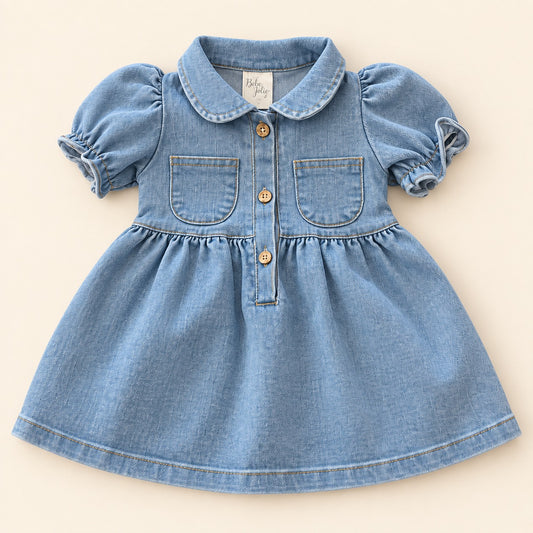 Detalle de vestido denim azul claro para bebé con cuello, bolsillos y botones frontales