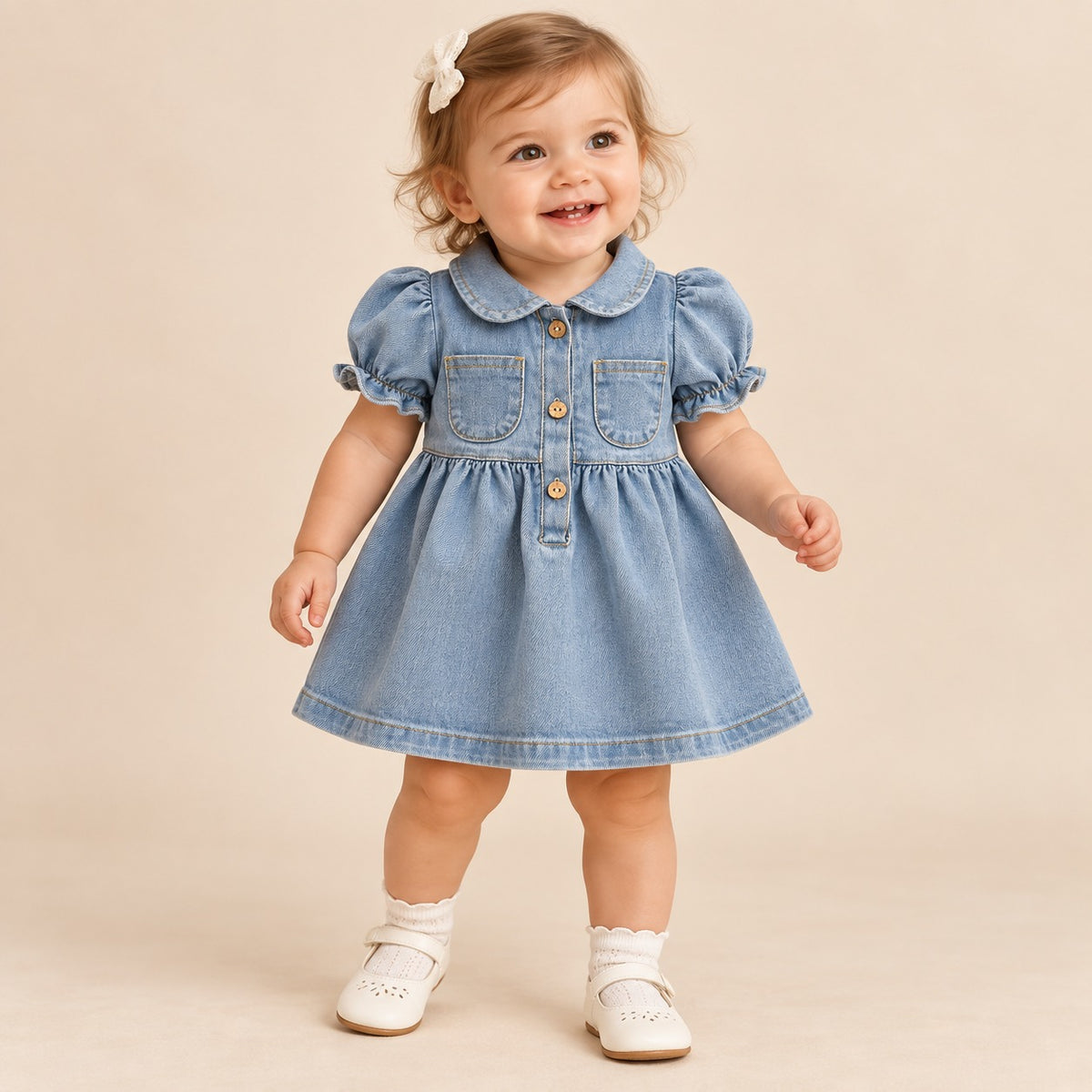 Bebé usando vestido azul claro tipo denim con cuello redondeado y falda amplia