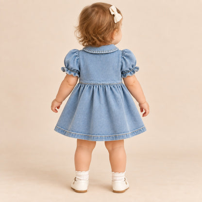 Vestido denim azul claro para bebé con mangas abullonadas, dos bolsillos y botones
