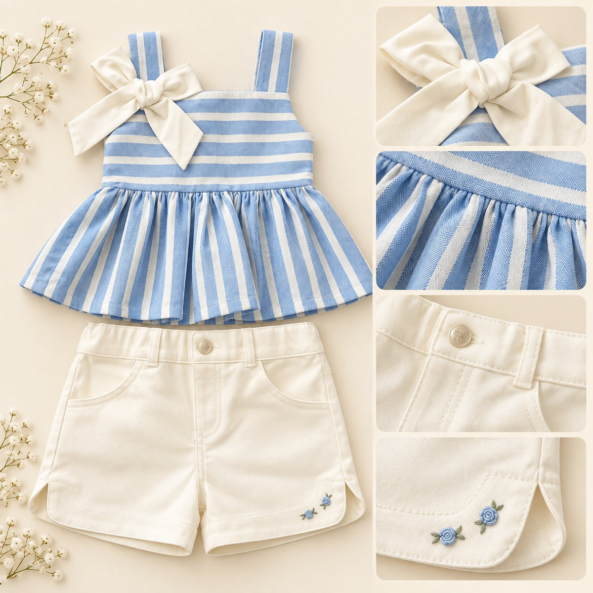 Conjunto para niña de blusa azul cielo rayada y short blanco con detalle floral