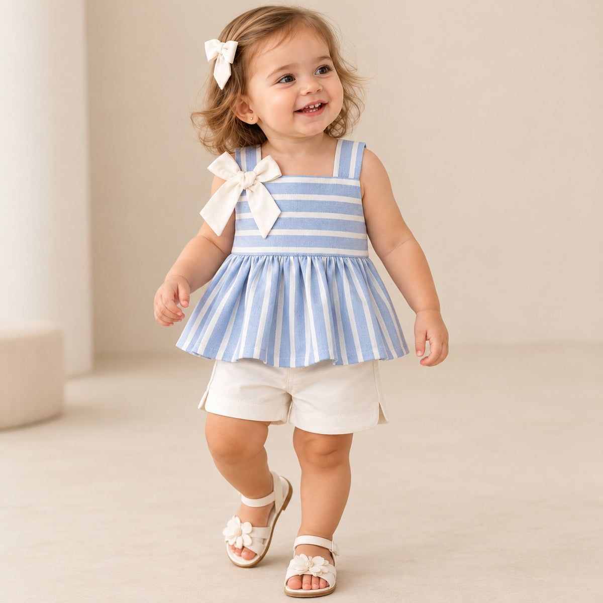 Niña usando conjunto de dos piezas azul cielo y blanco visto desde atrás