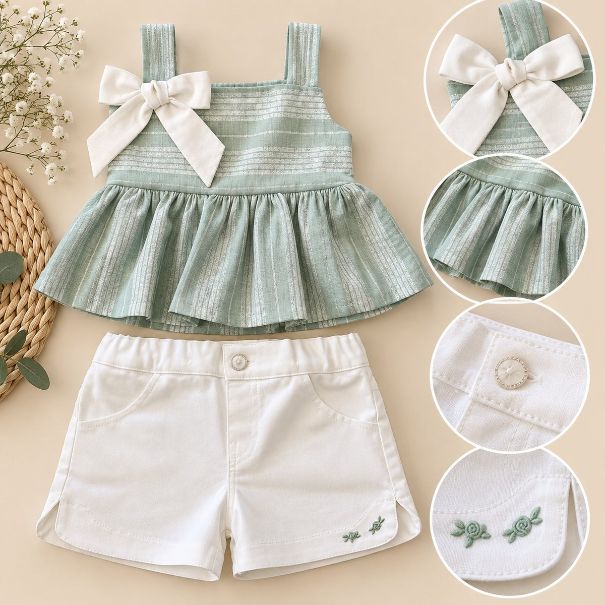 Niña usando conjunto de dos piezas verde salvia y blanco visto desde atrás