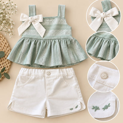 Niña usando conjunto de dos piezas verde salvia y blanco visto desde atrás