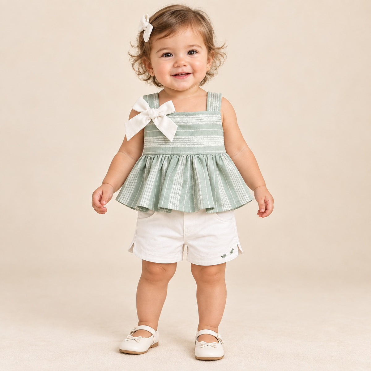 Conjunto para niña con blusa verde salvia de tirantes y short blanco con detalle floral