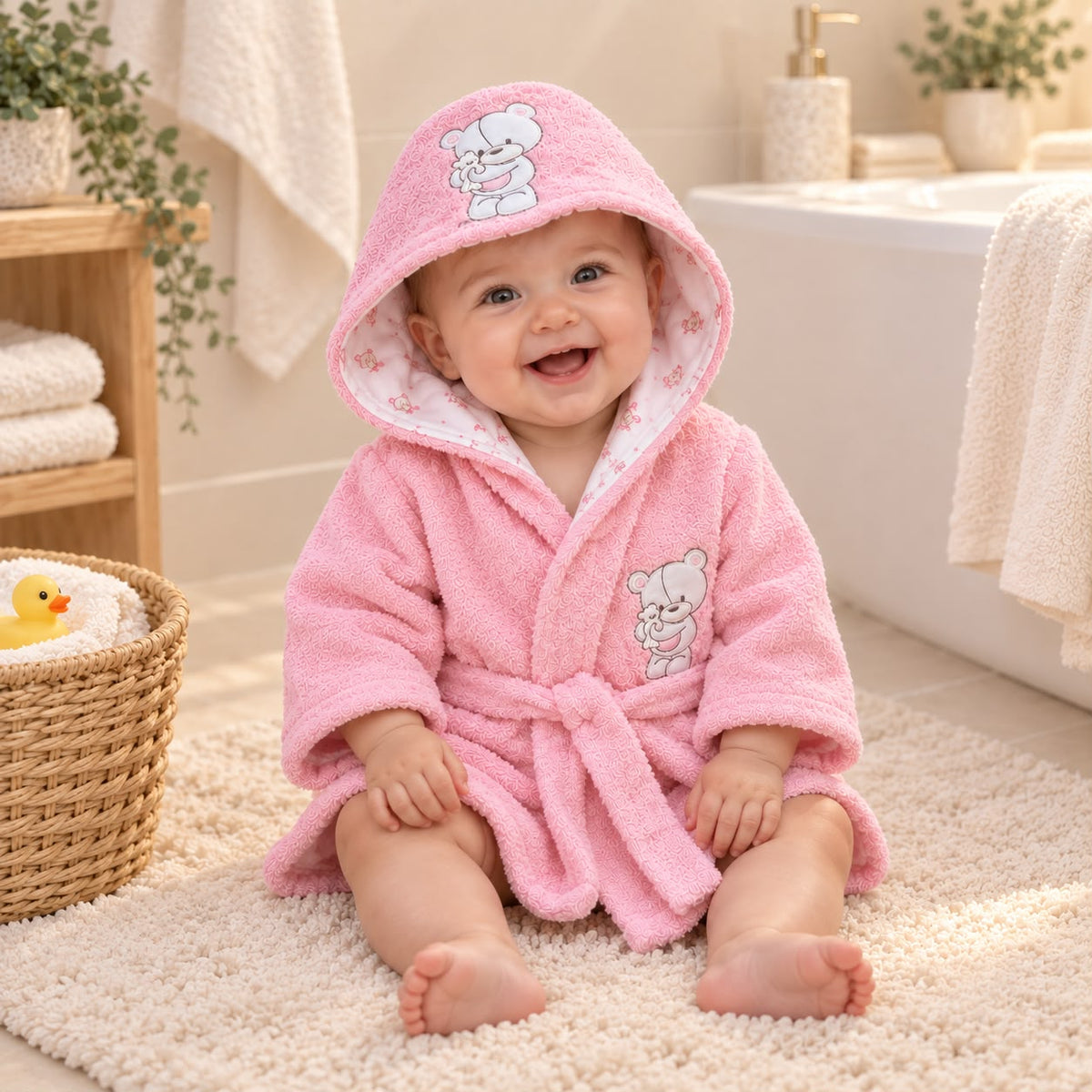 Primer plano de bebé con bata de baño rosada y capucha con osito