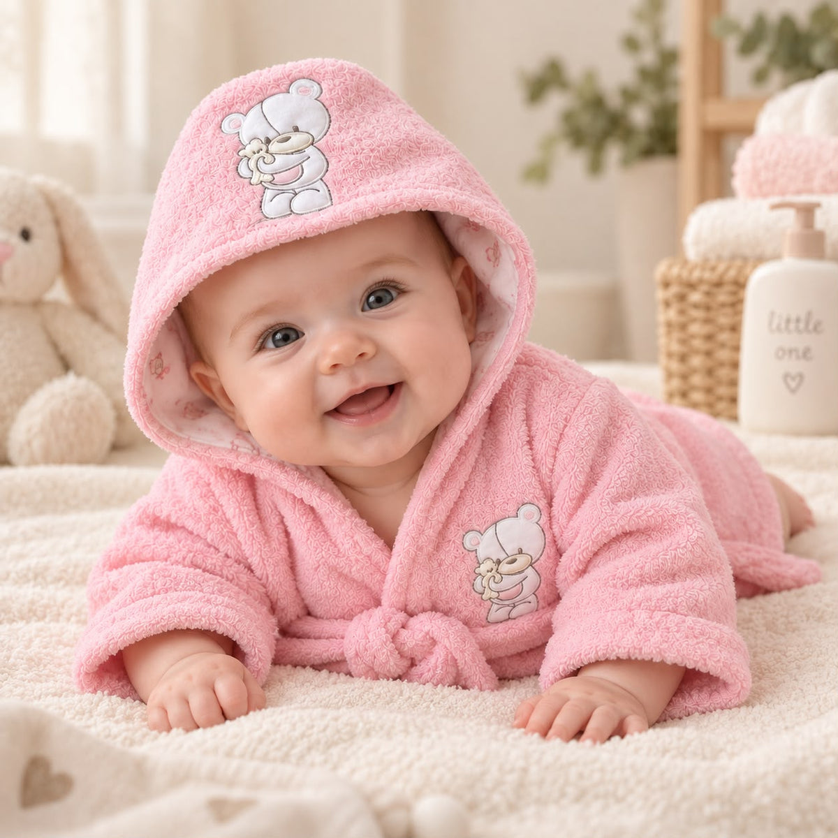 Bebé gateando con bata de baño rosada, capucha y bordado de osito