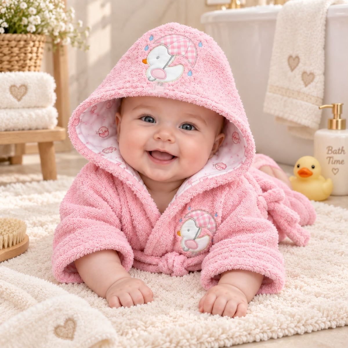 Bata de baño rosada para bebé con capucha, mangas largas y cinturón