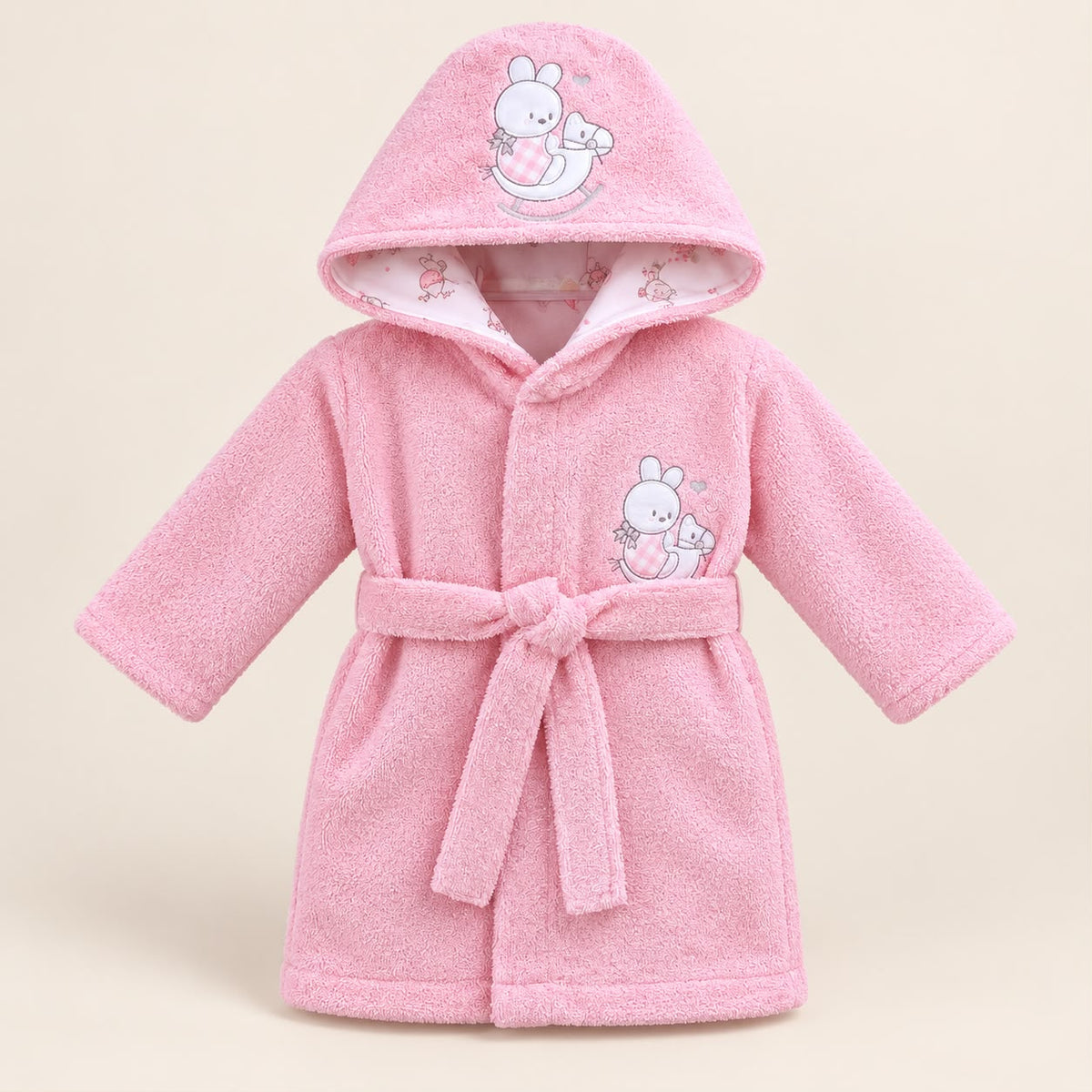 Bata de baño rosada para bebé con capucha, mangas largas y cinturón para anudar