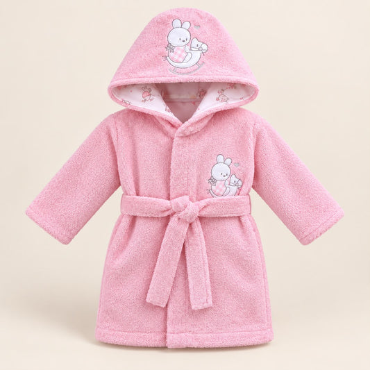 Bata de baño rosada para bebé con capucha, mangas largas y cinturón para anudar