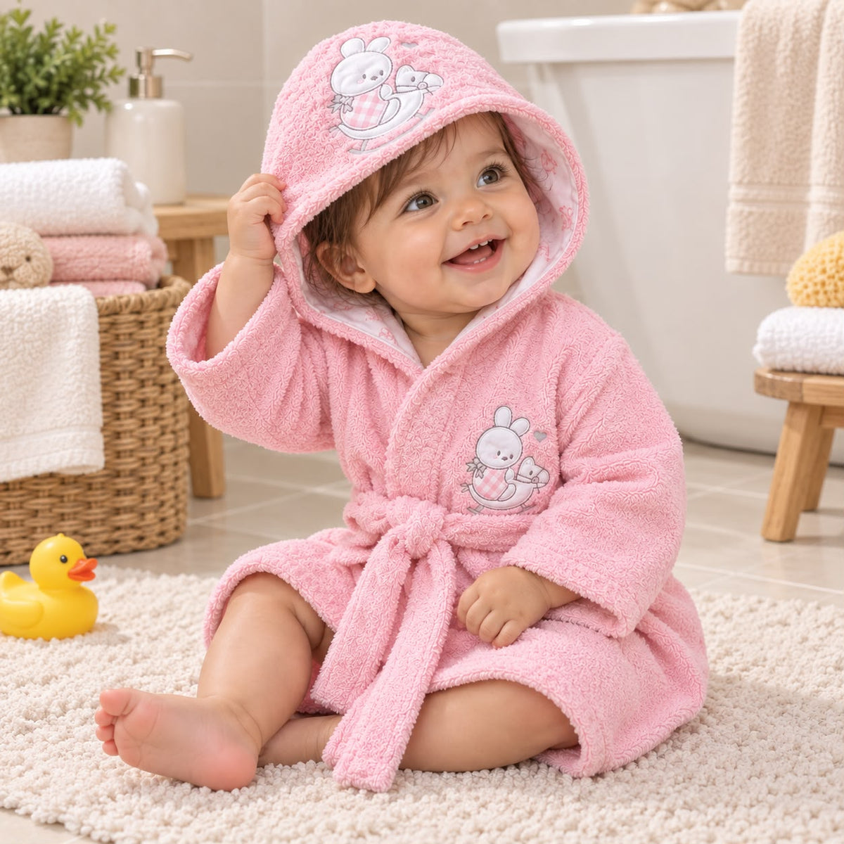 Detalle de aplique de conejita y caballito mecedor en bata de baño rosada para bebé