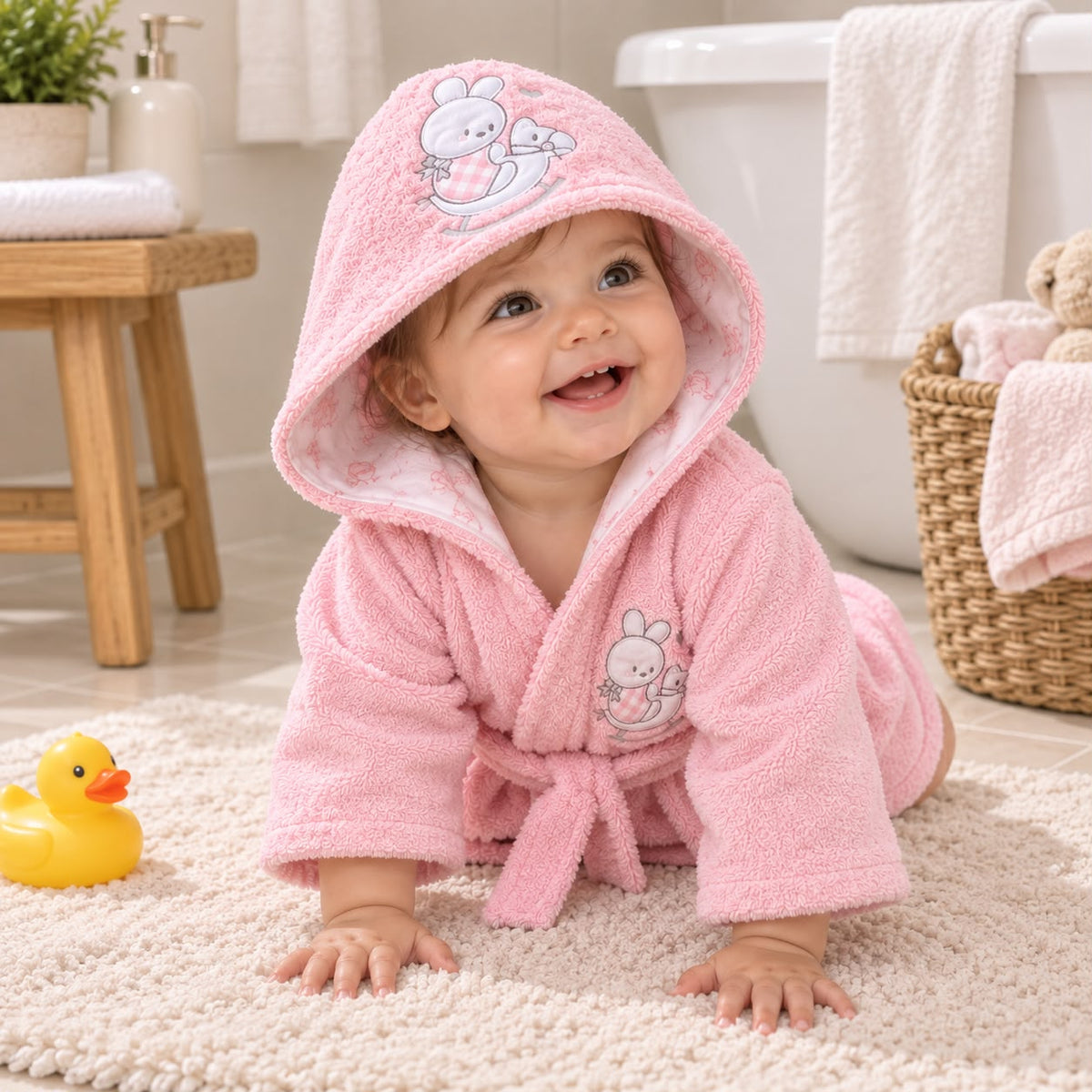 Bebé usando bata rosada con capucha y aplique de conejita y caballito mecedor
