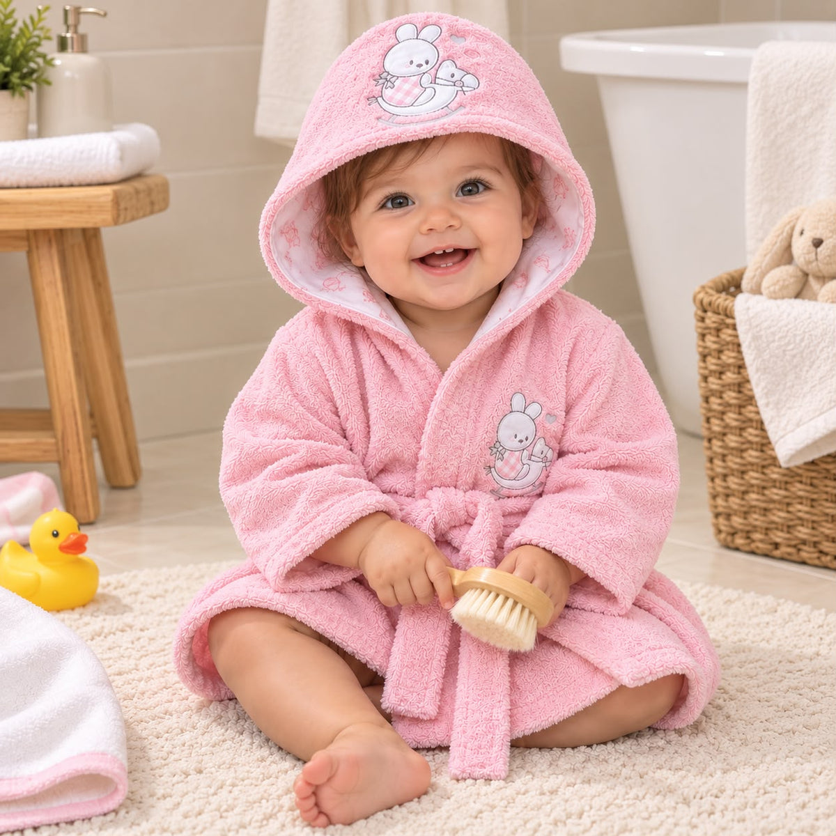 Bebé usando bata de baño rosada con capucha de conejita después del baño